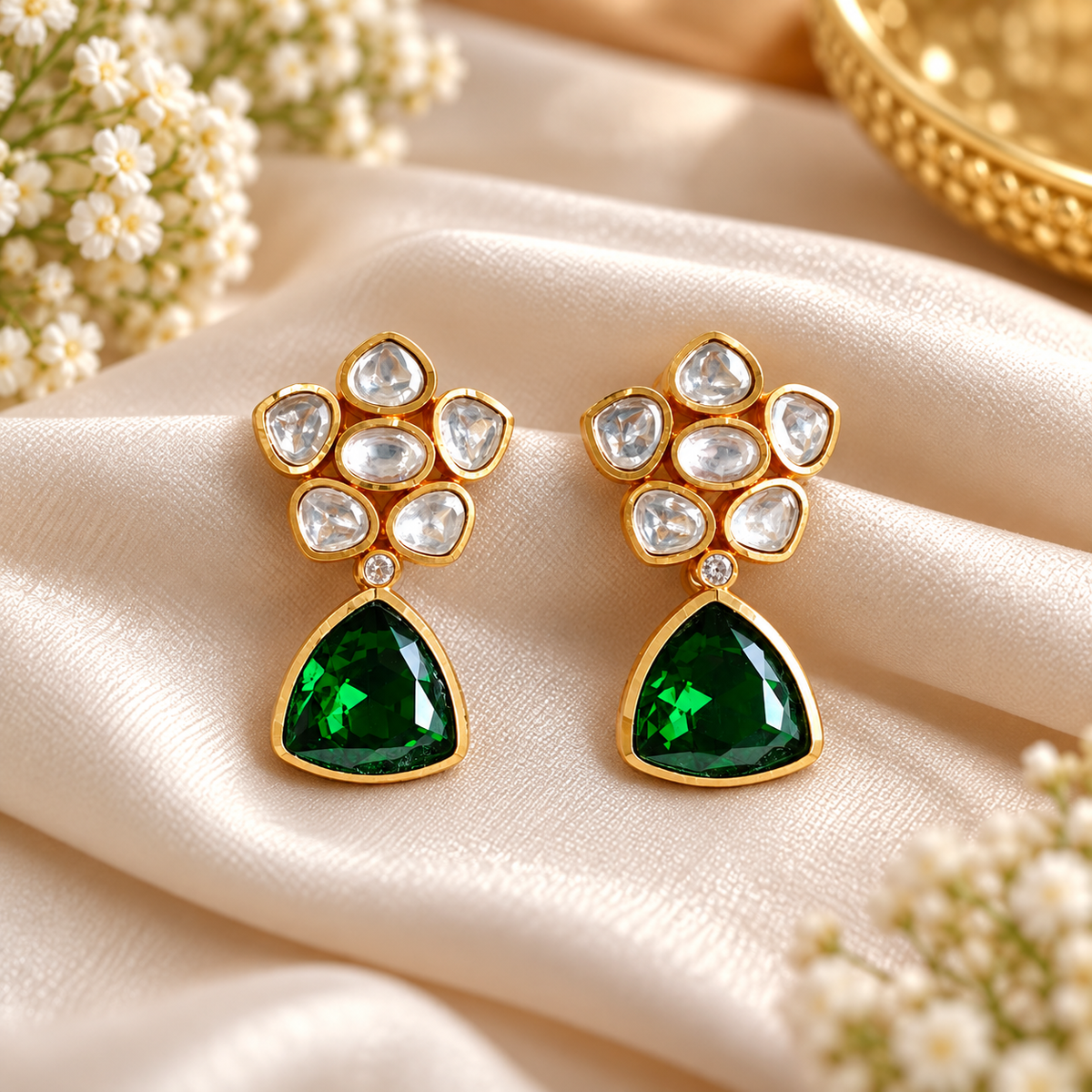 Emerald Polki Floral Drop Earrings