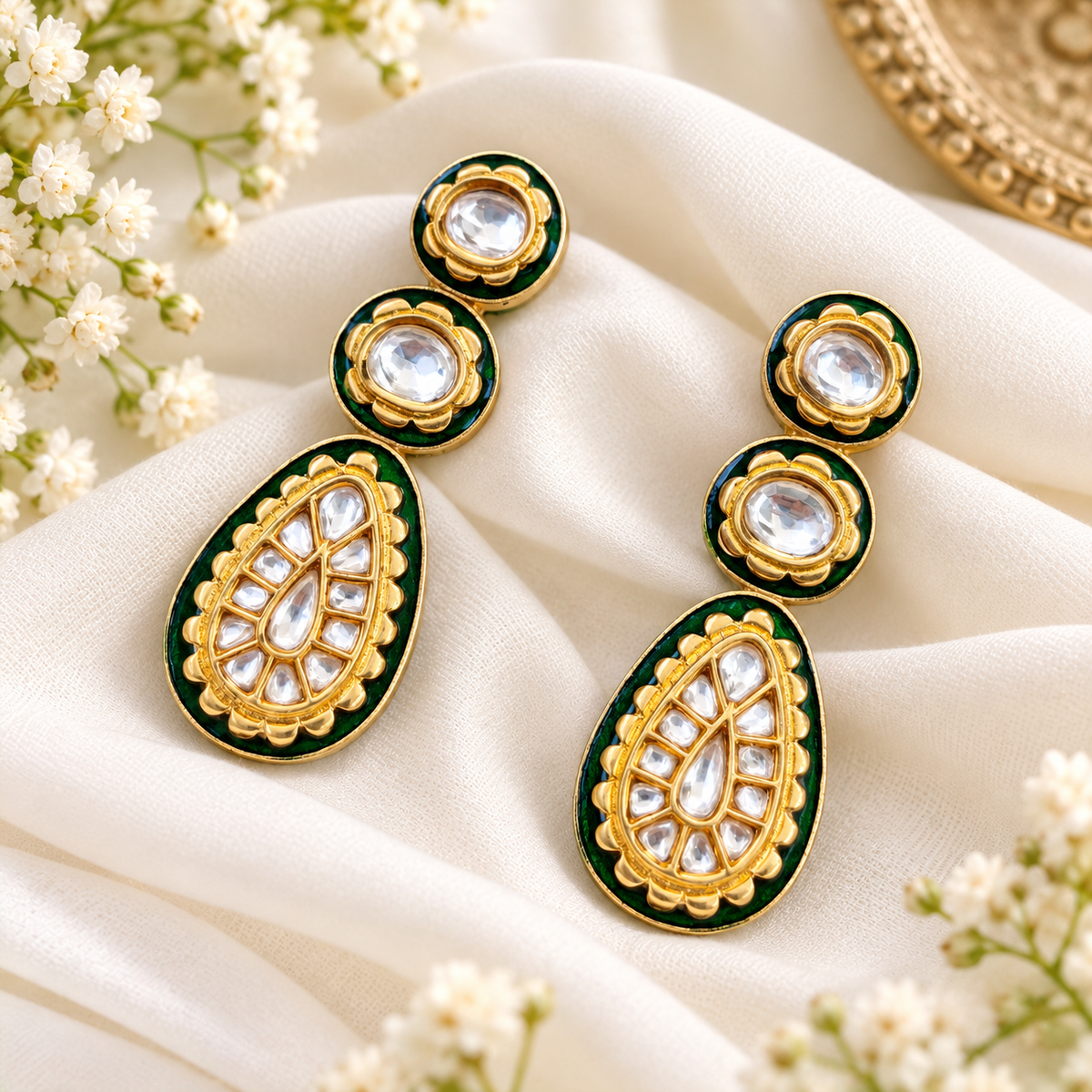 Emerald Kundan Paisley Drop Earrings