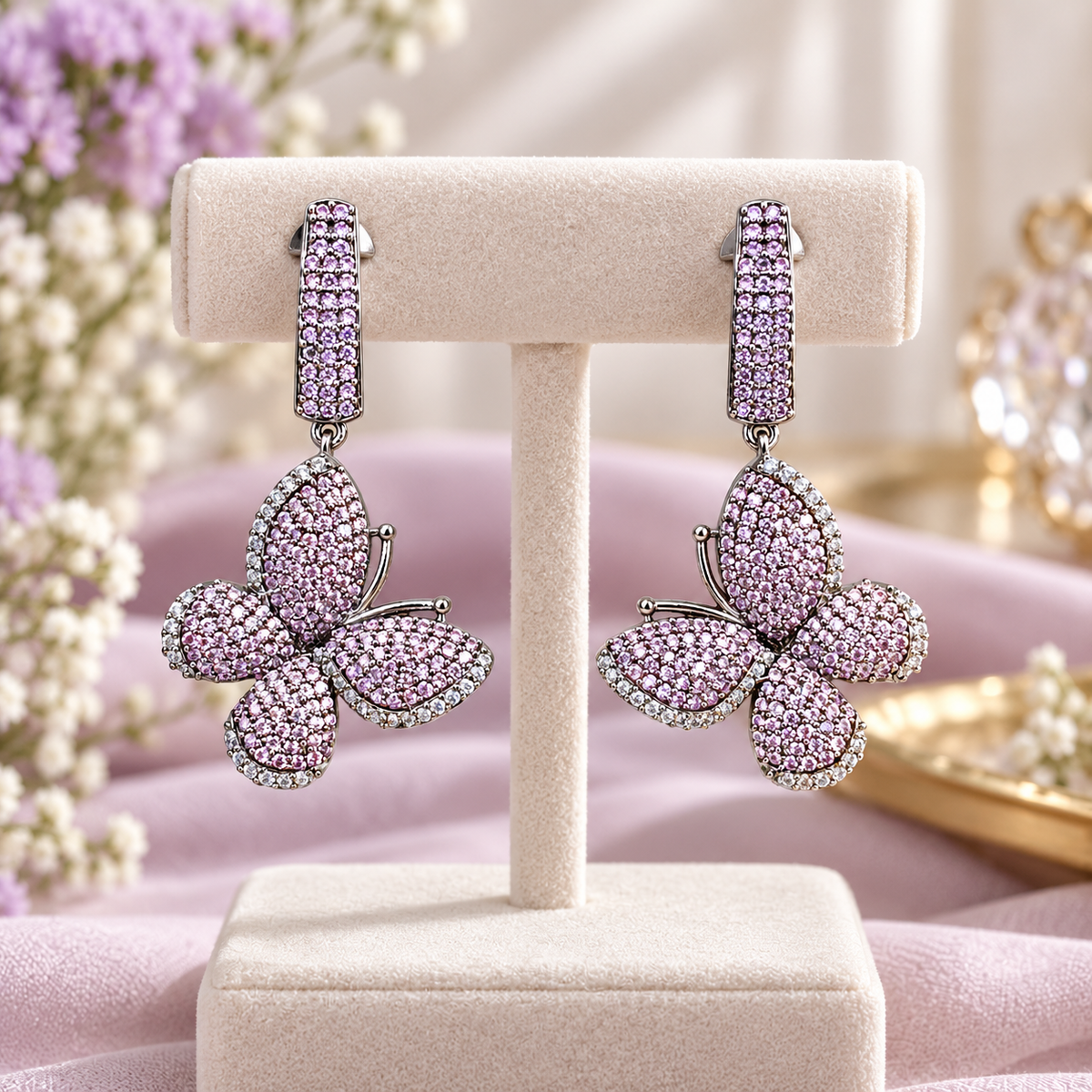 Lavender Butterfly Pavé Drop Earrings