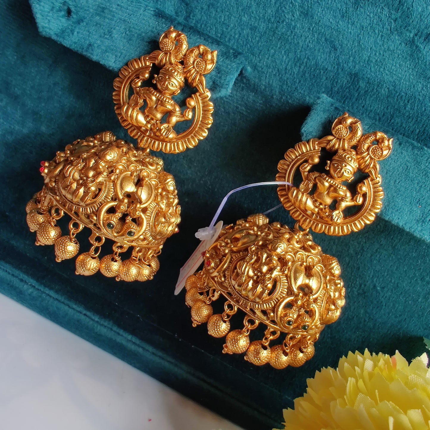 Temple Carved Jhumki In 18K Gold Micro plating