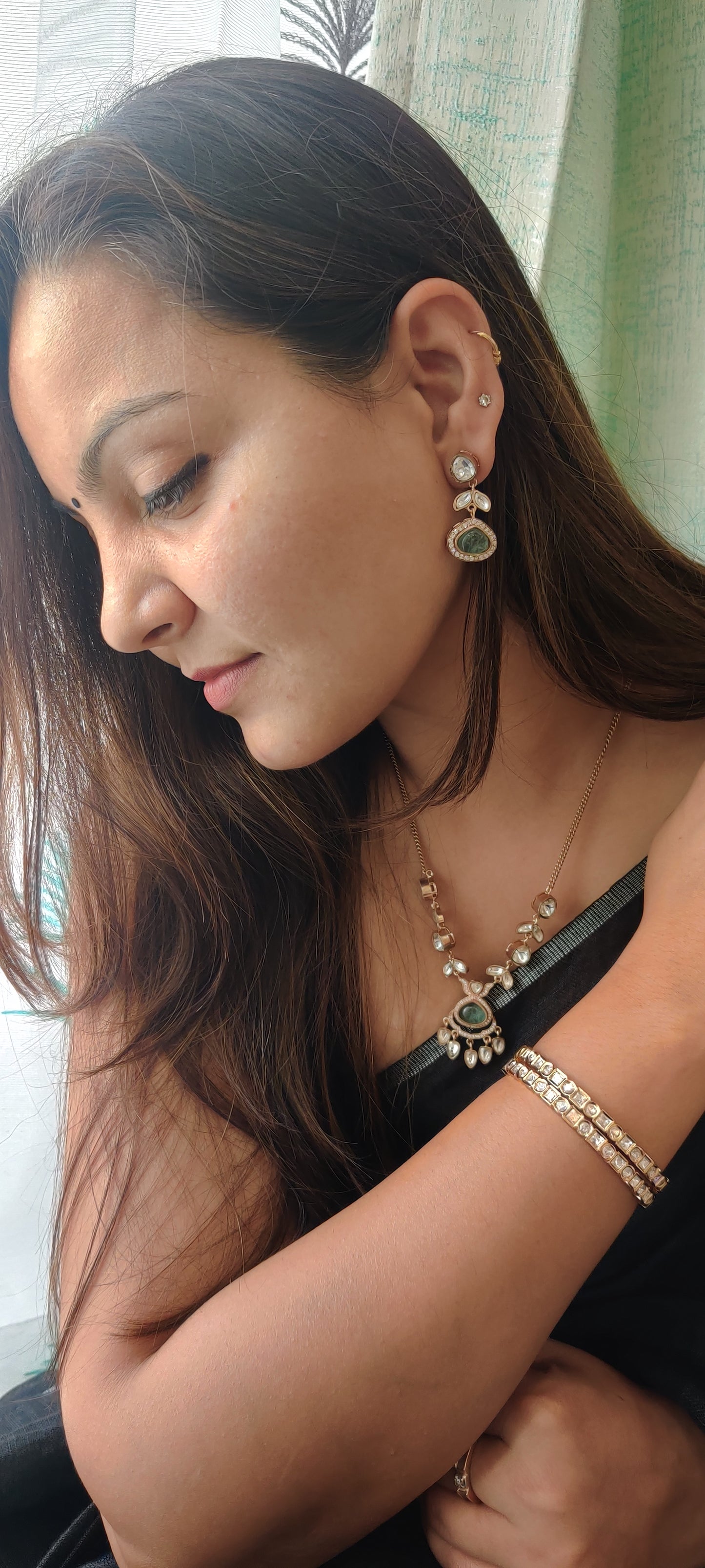 Antique Gold Russian Emerald Studded Pendant Set