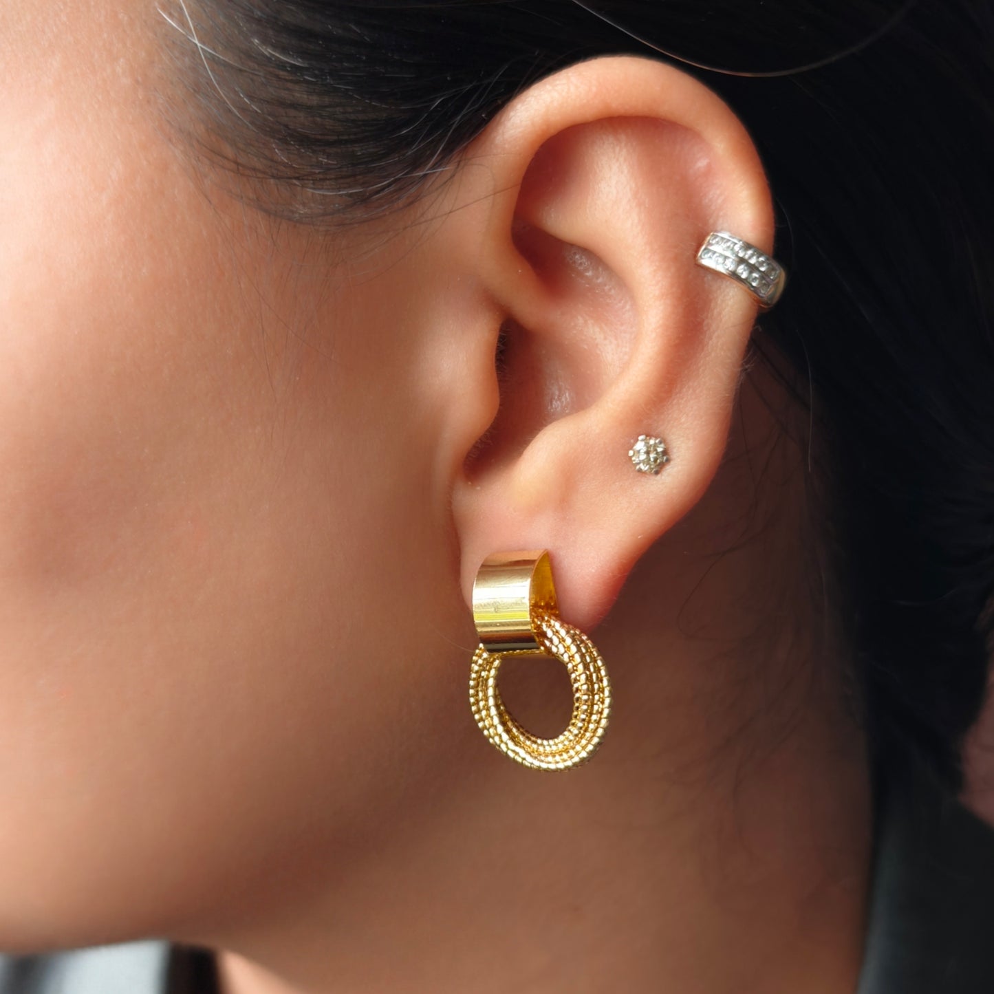 Anti Tarnish 18K Gold Plated Stacked Ring Earrings