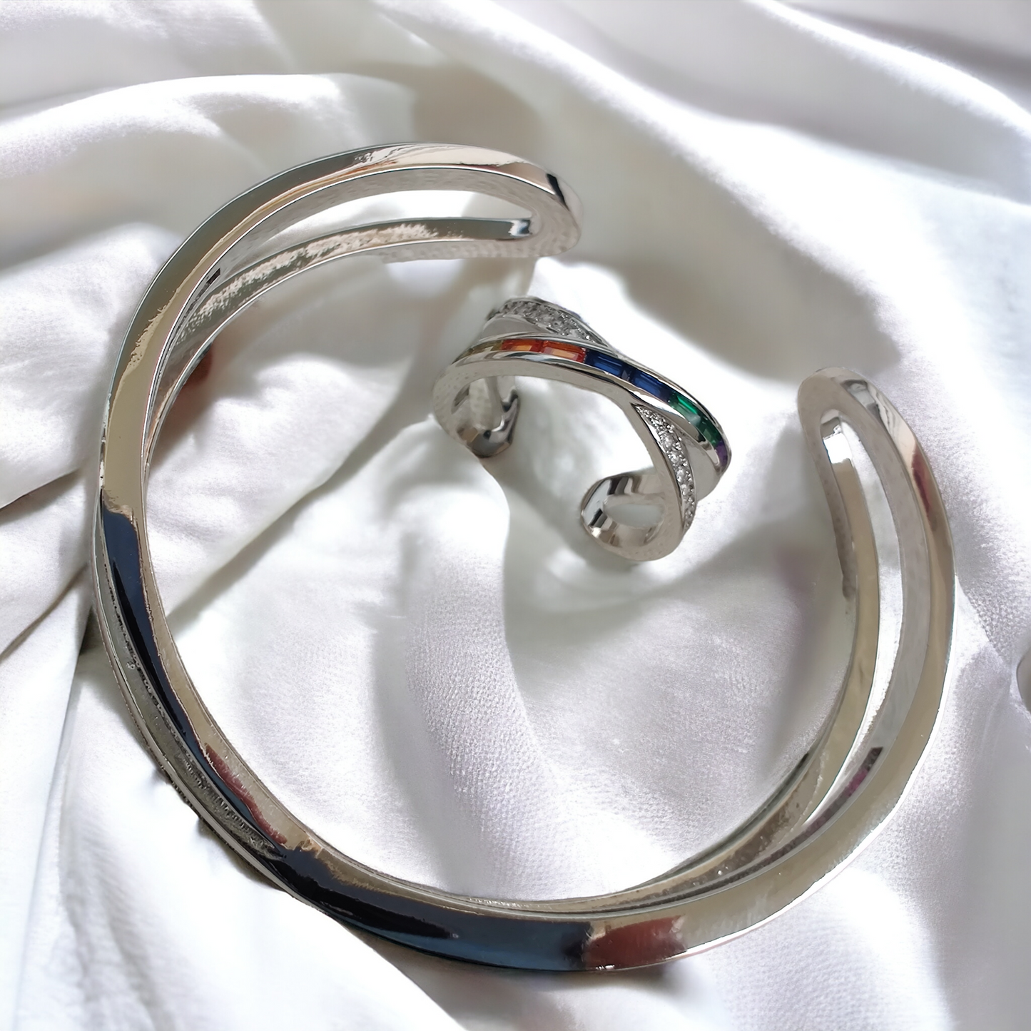 cross studded micro plated adjustable bracelet and ring set