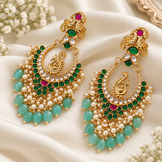 Peacock Kundan Chandbali Earrings
