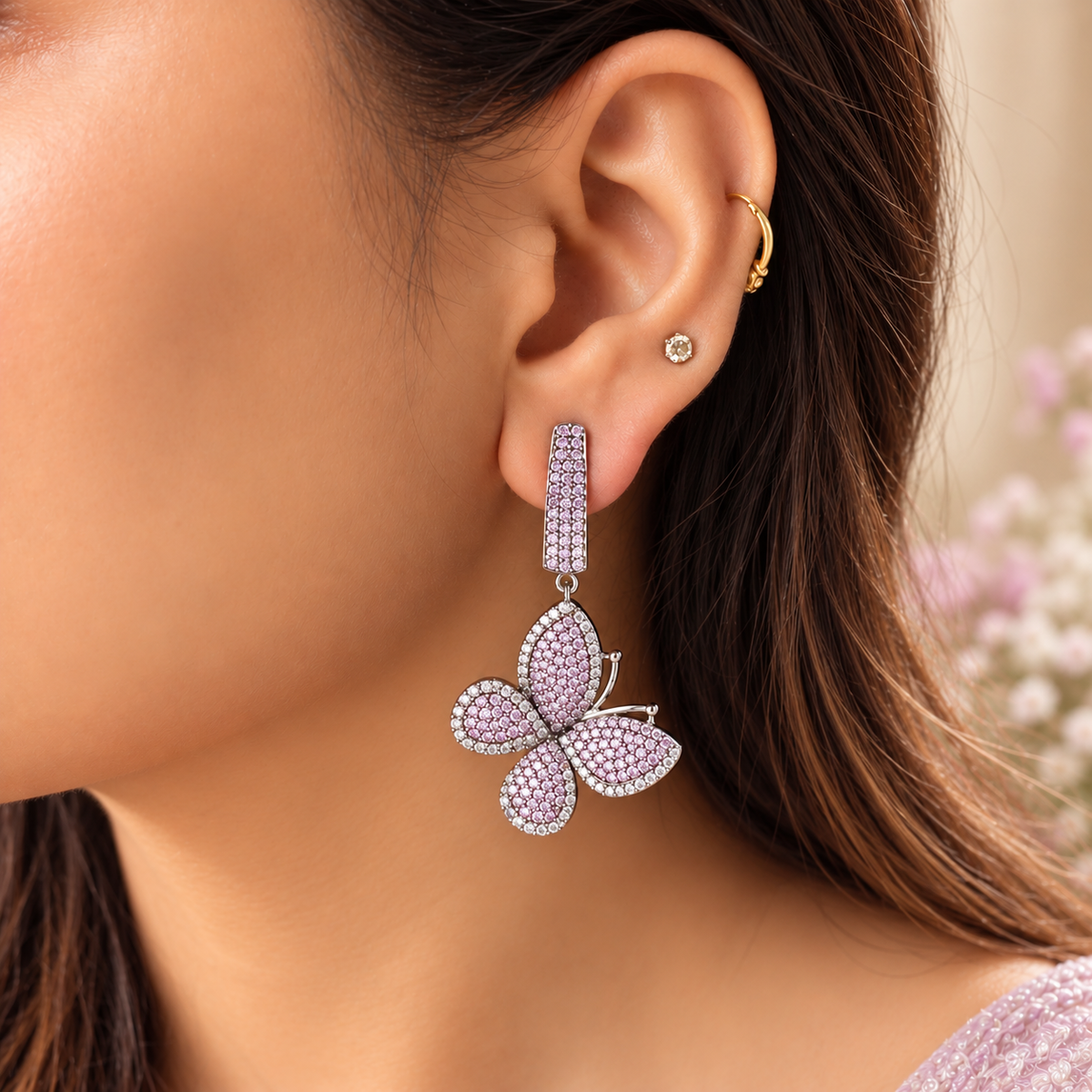 Lavender Butterfly Pavé Drop Earrings