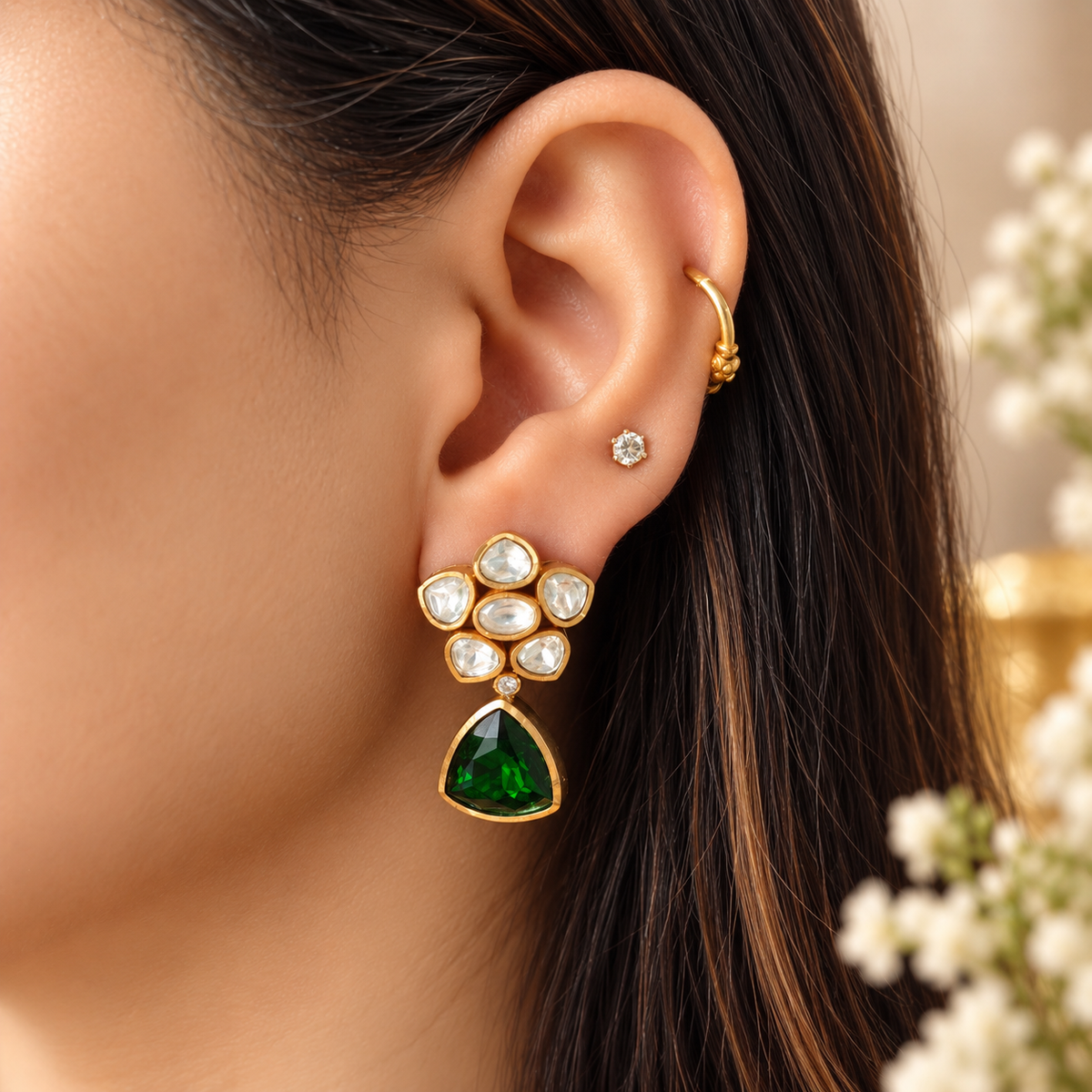 Emerald Polki Floral Drop Earrings