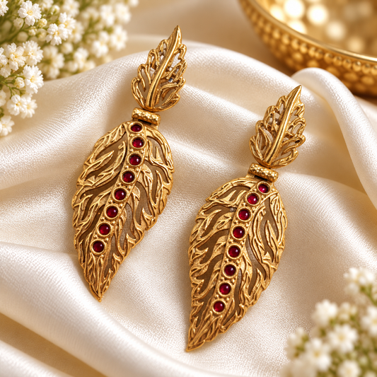 Ruby Leaf Antique Gold Statement Earrings