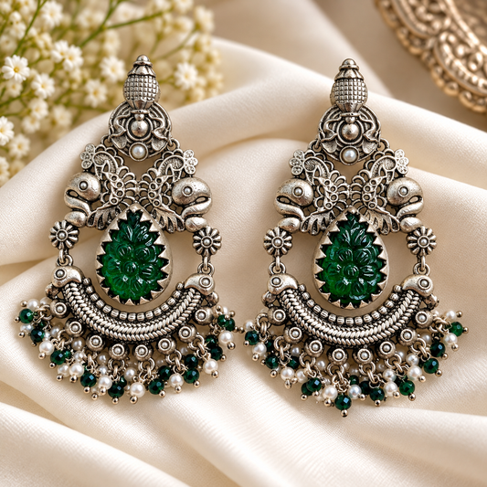 Emerald Maharani Oxidised Earrings
