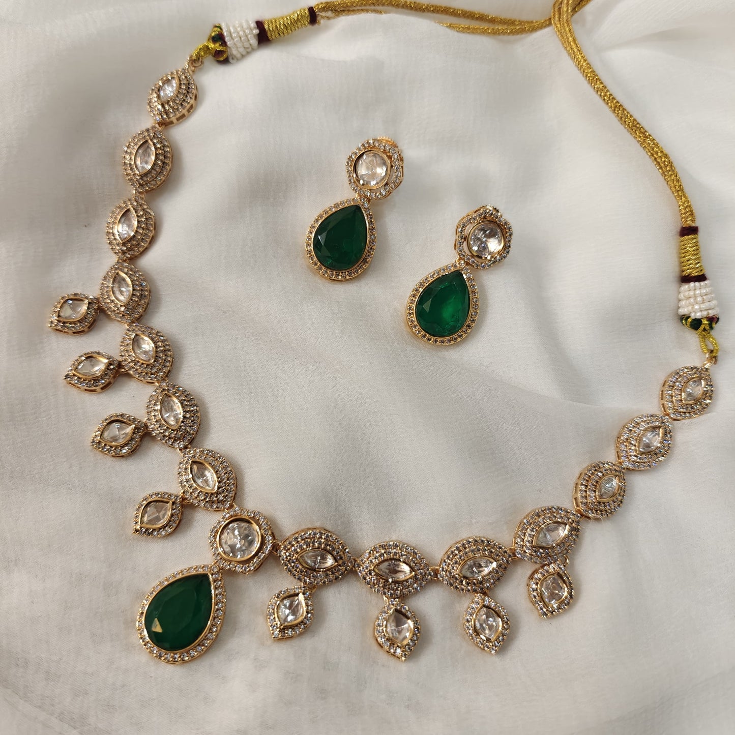 Moissanite Polki With Emerald Drop Neckpiece With Earrings