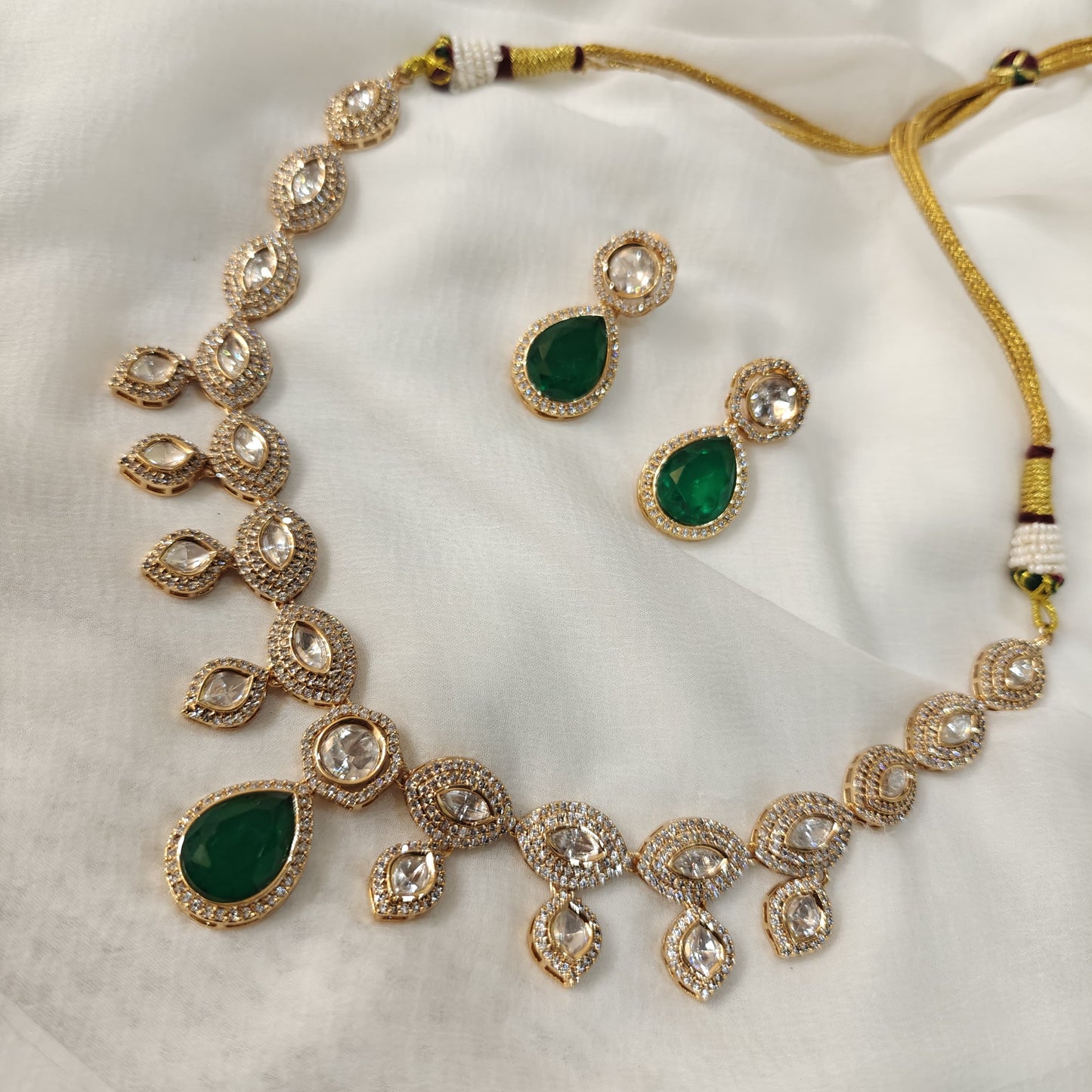 Moissanite Polki With Emerald Drop Neckpiece With Earrings