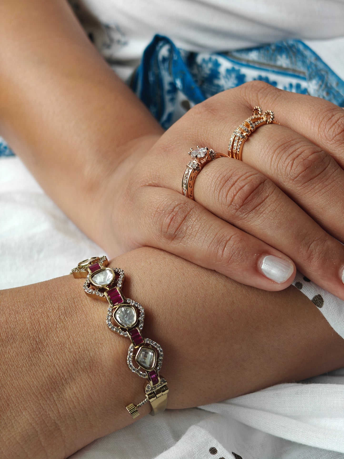 Semiprecious Stones Studded 18K Antique Gold Plated Openable Bracelet