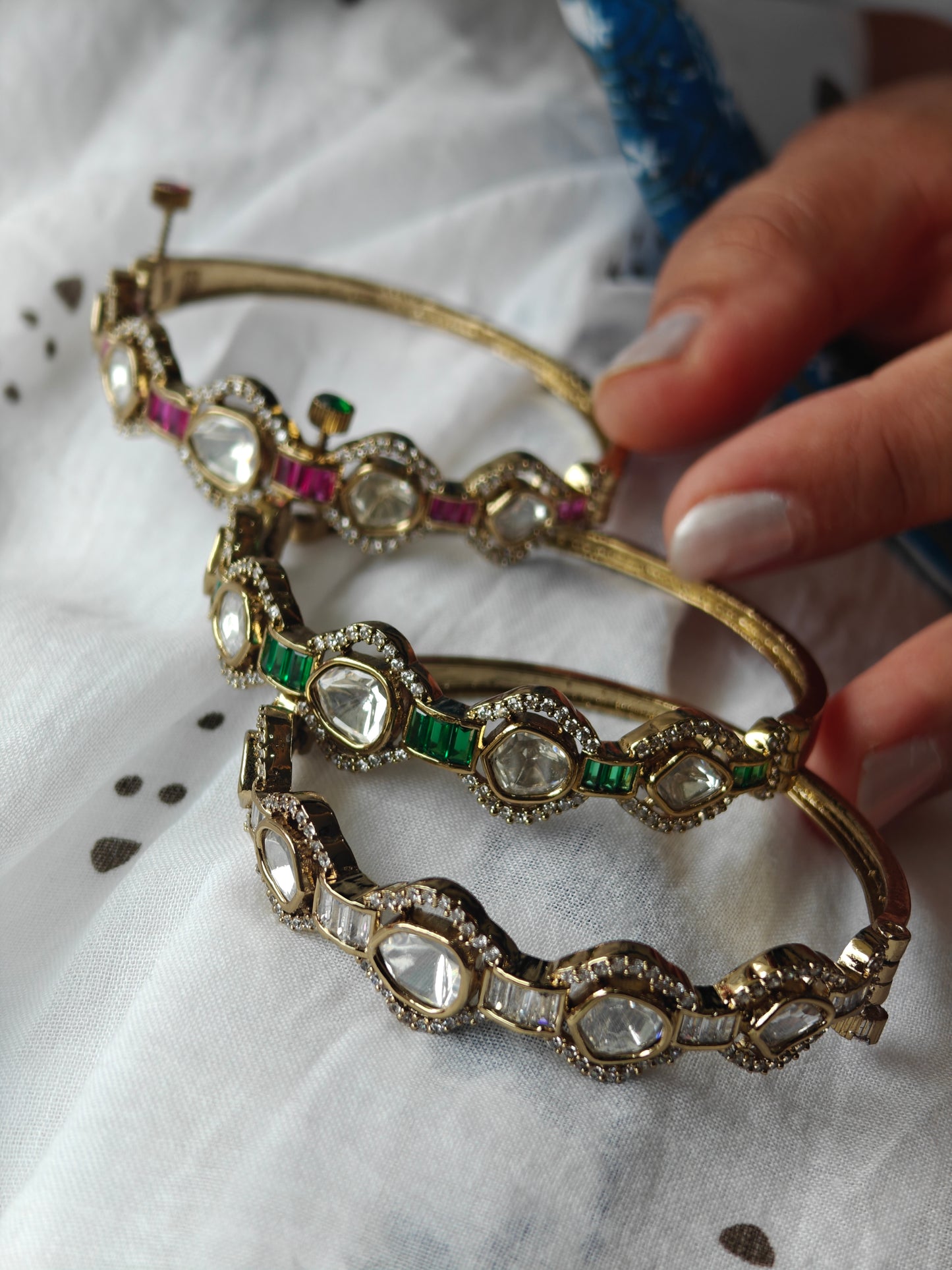 Semiprecious Stones Studded 18K Antique Gold Plated Openable Bracelet