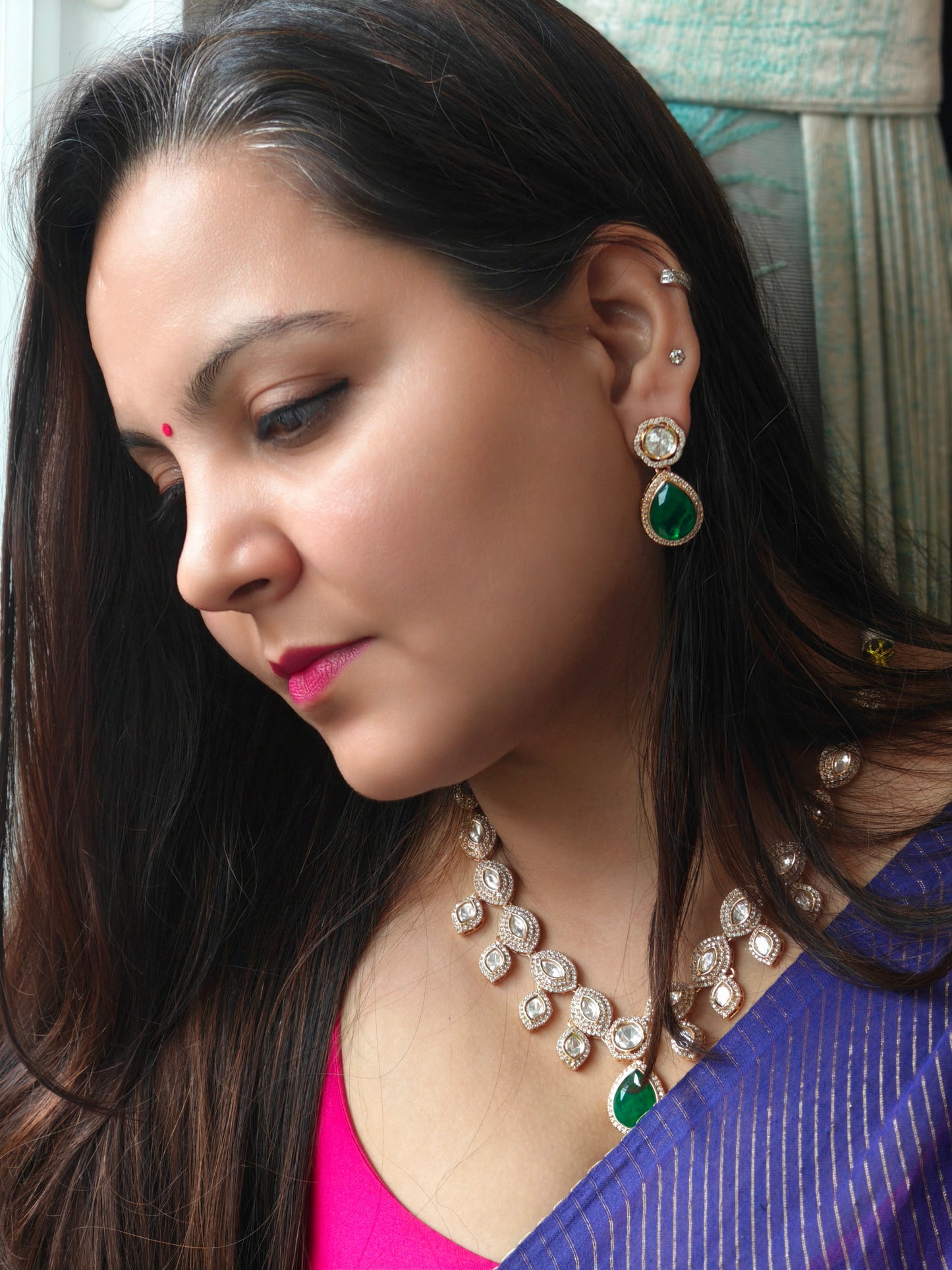 Moissanite Polki With Emerald Drop Neckpiece With Earrings