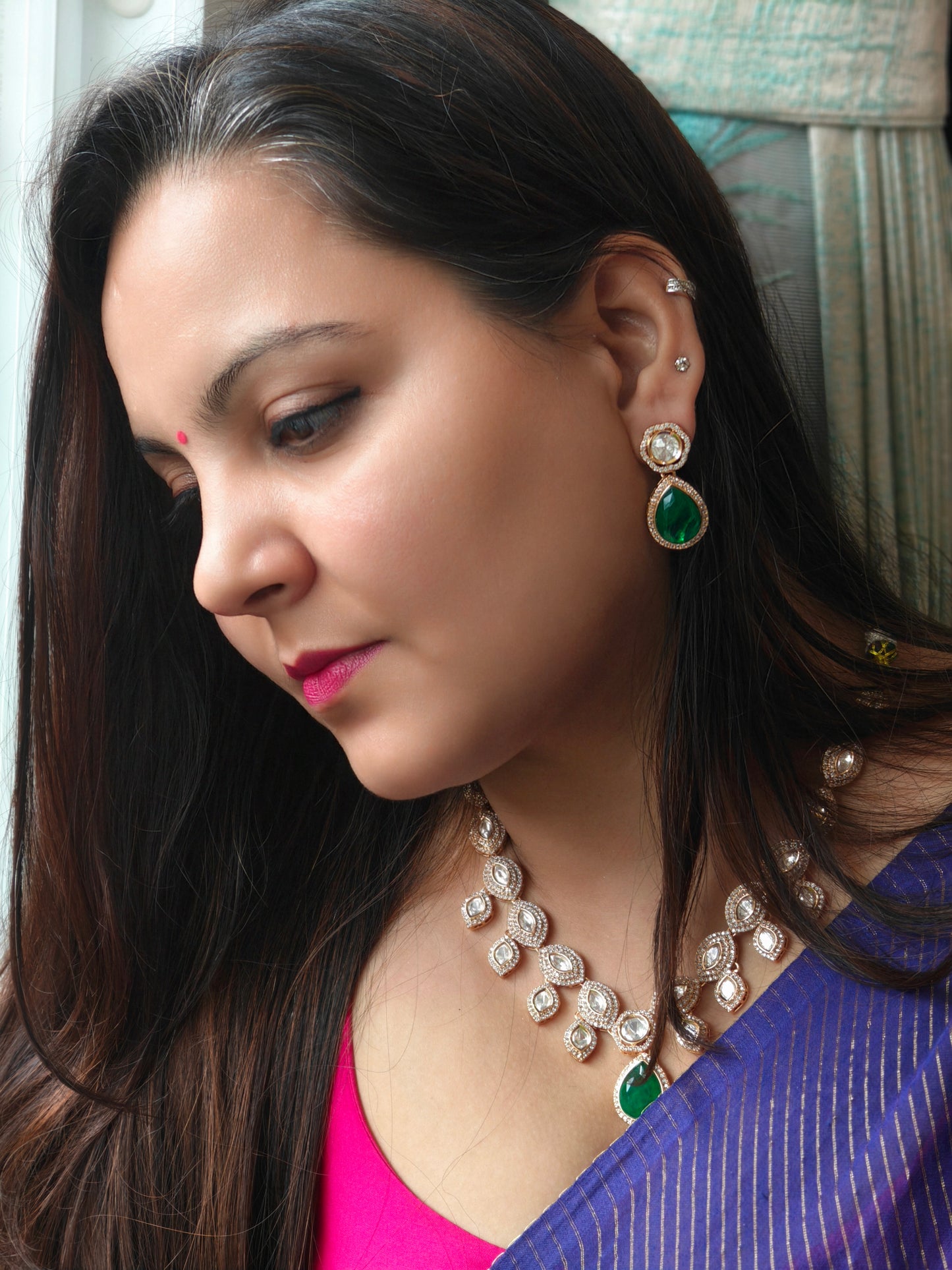 Moissanite Polki With Emerald Drop Neckpiece With Earrings