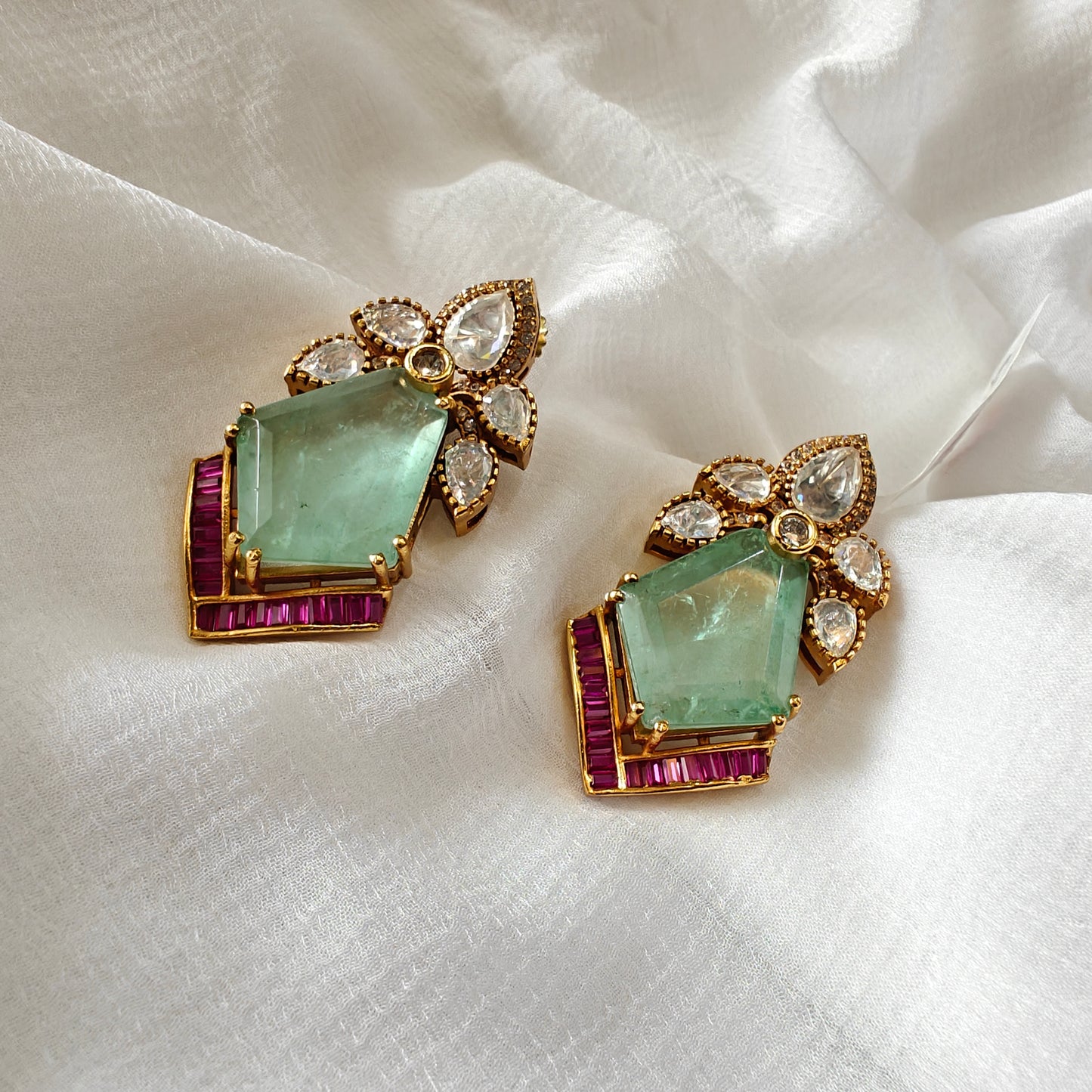 Russian Emerald Drop Big Stud Earrings