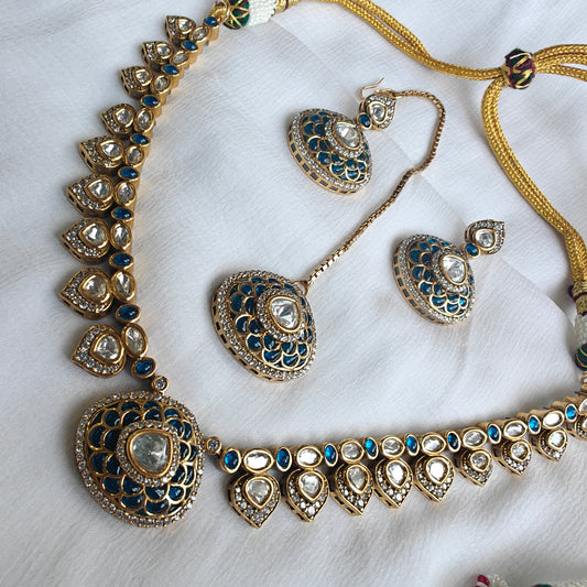 Neelam Jadau Necklace Set With Maangtika