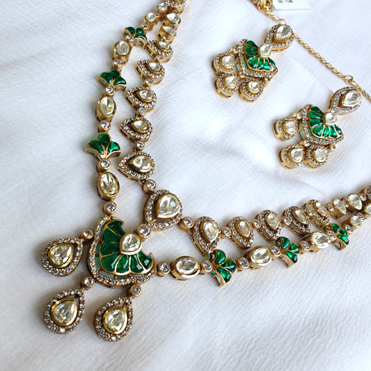 polki and emerald studded double layered necklace
