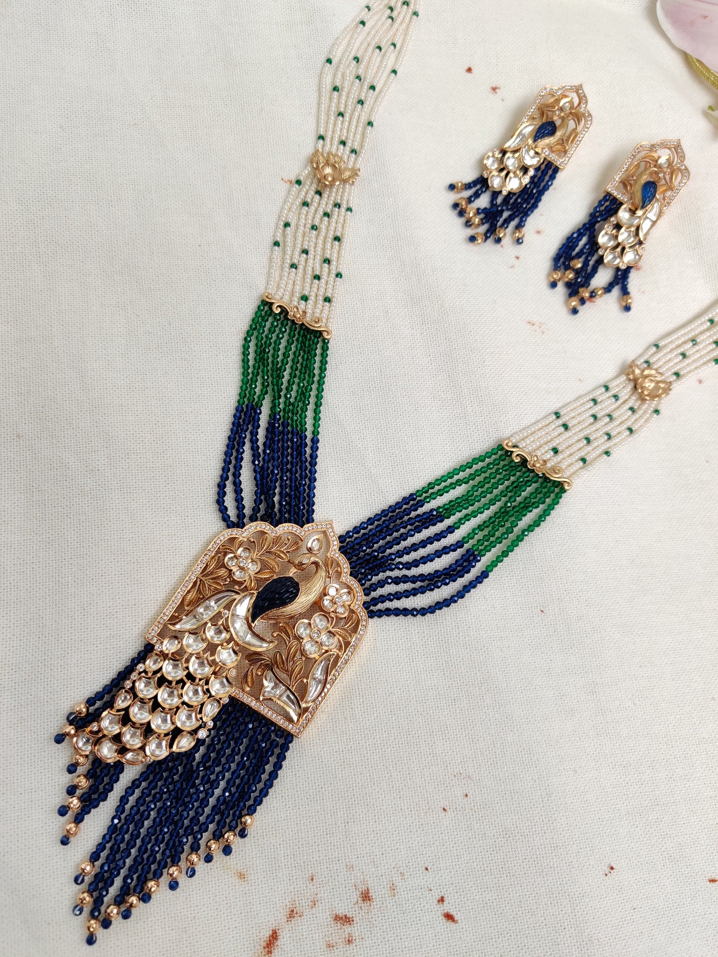 Mayur Long Necklace With Earrings Studded With Polki