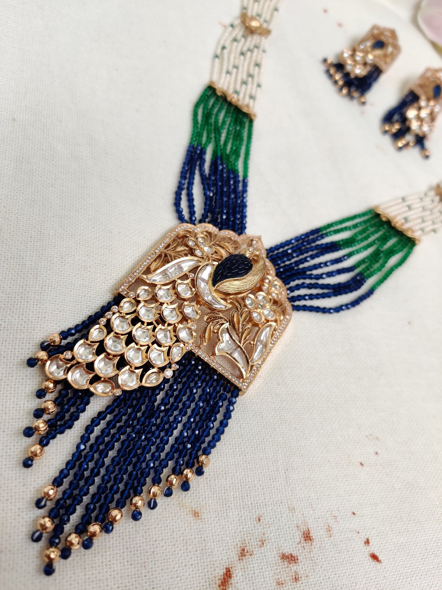 Mayur Long Necklace With Earrings Studded With Polki