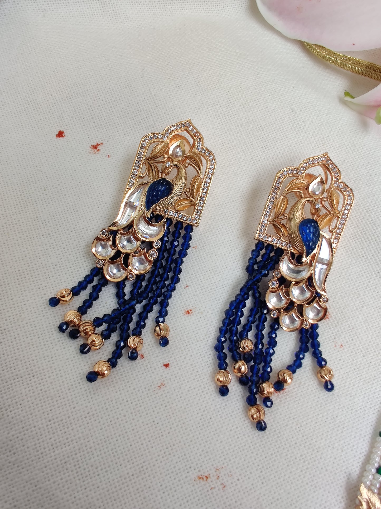 Mayur Long Necklace With Earrings Studded With Polki