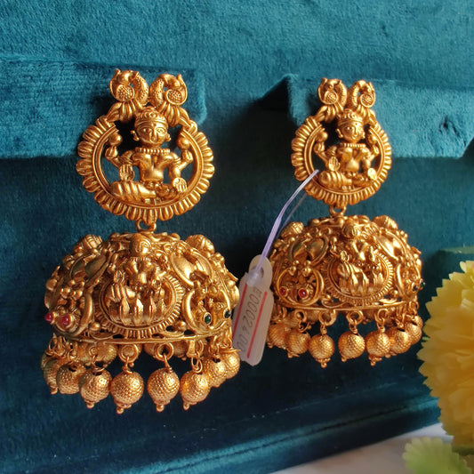 Temple Carved Jhumki In 18K Gold Micro plating