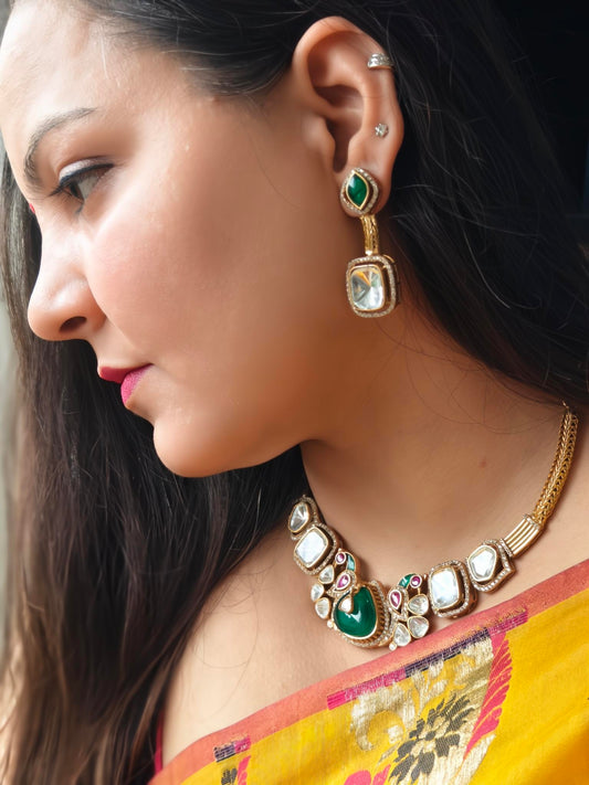 Polki Mayur Necklace Set With Emerald Drop Earrings