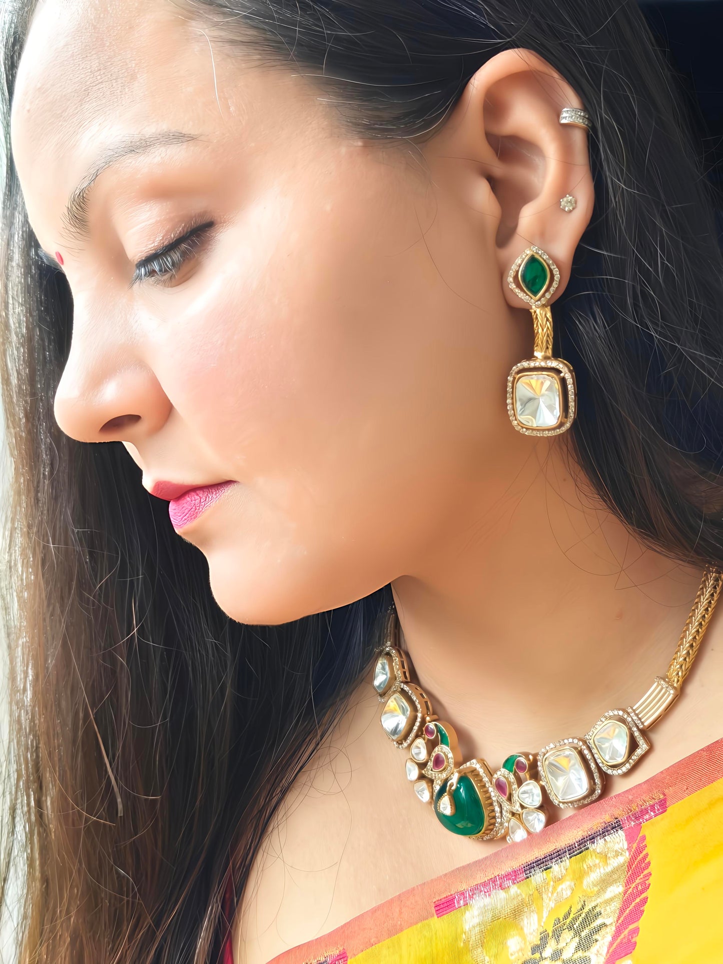 Polki Mayur Necklace Set With Emerald Drop Earrings