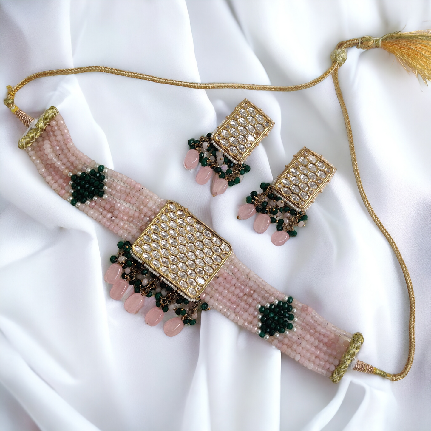 polki studded choker with pastel onyx beads