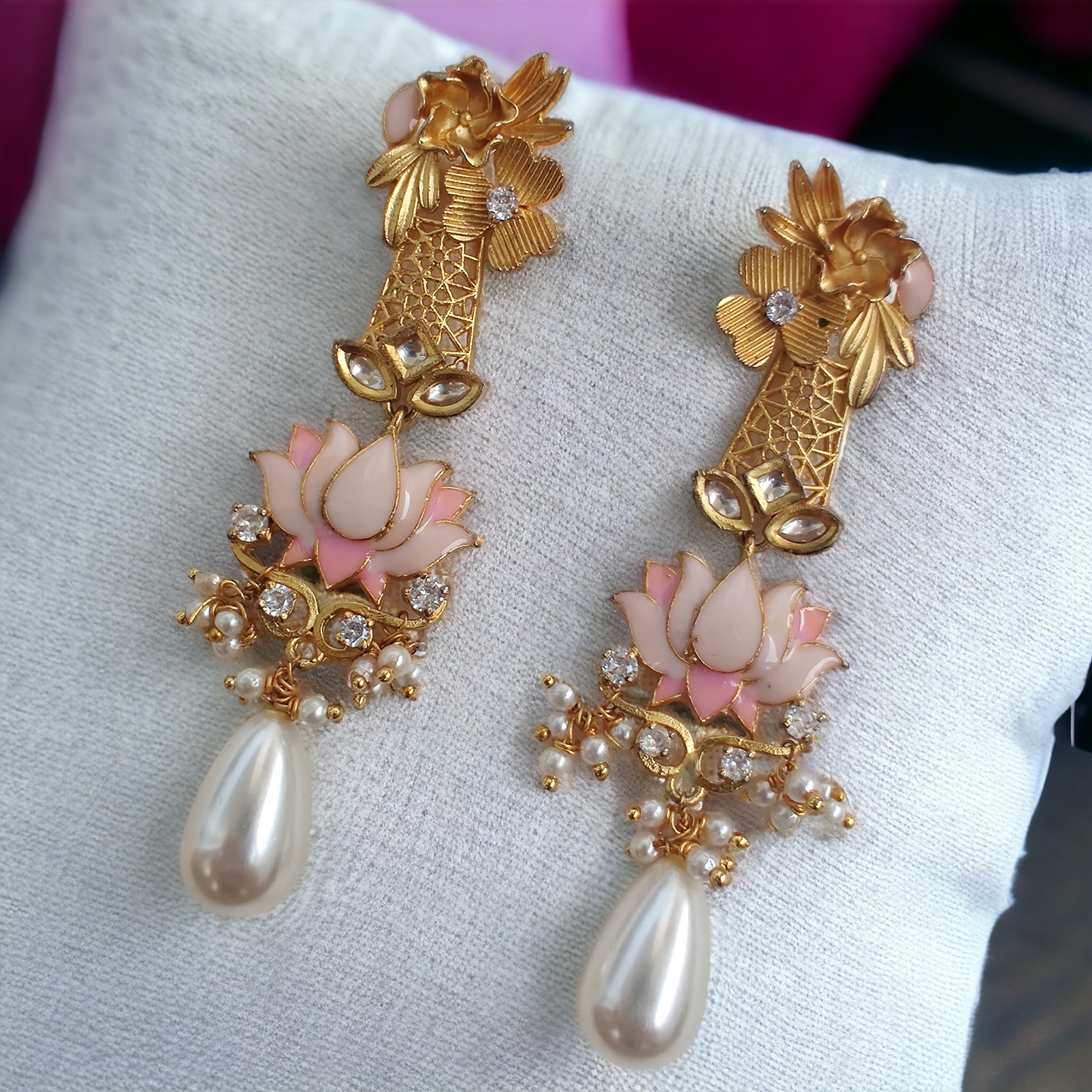 contemporary meenakari lotus detailed danglers