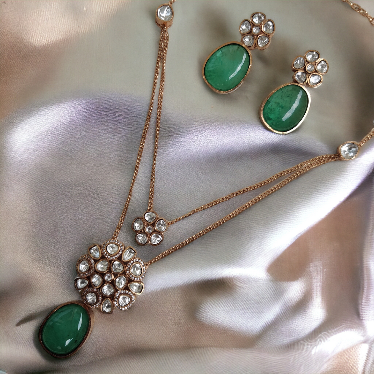 emerald polki layered pendant set (semiprecious)