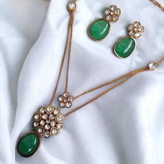 emerald polki layered pendant set (semiprecious)