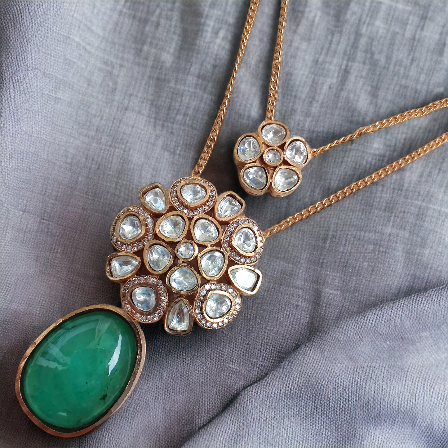 emerald polki layered pendant set (semiprecious)