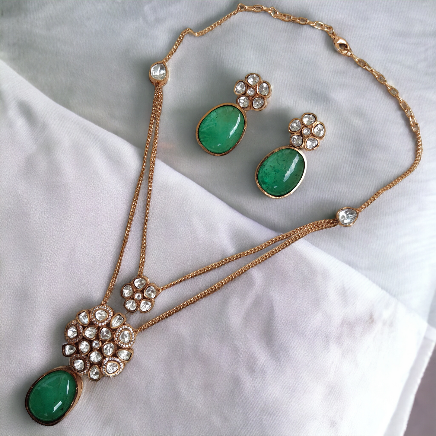 emerald polki layered pendant set (semiprecious)