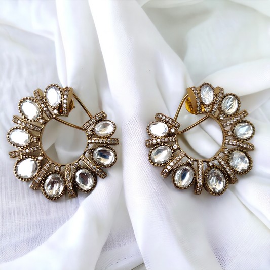 Designer Polki Crescent Earrings In Vintage Finish