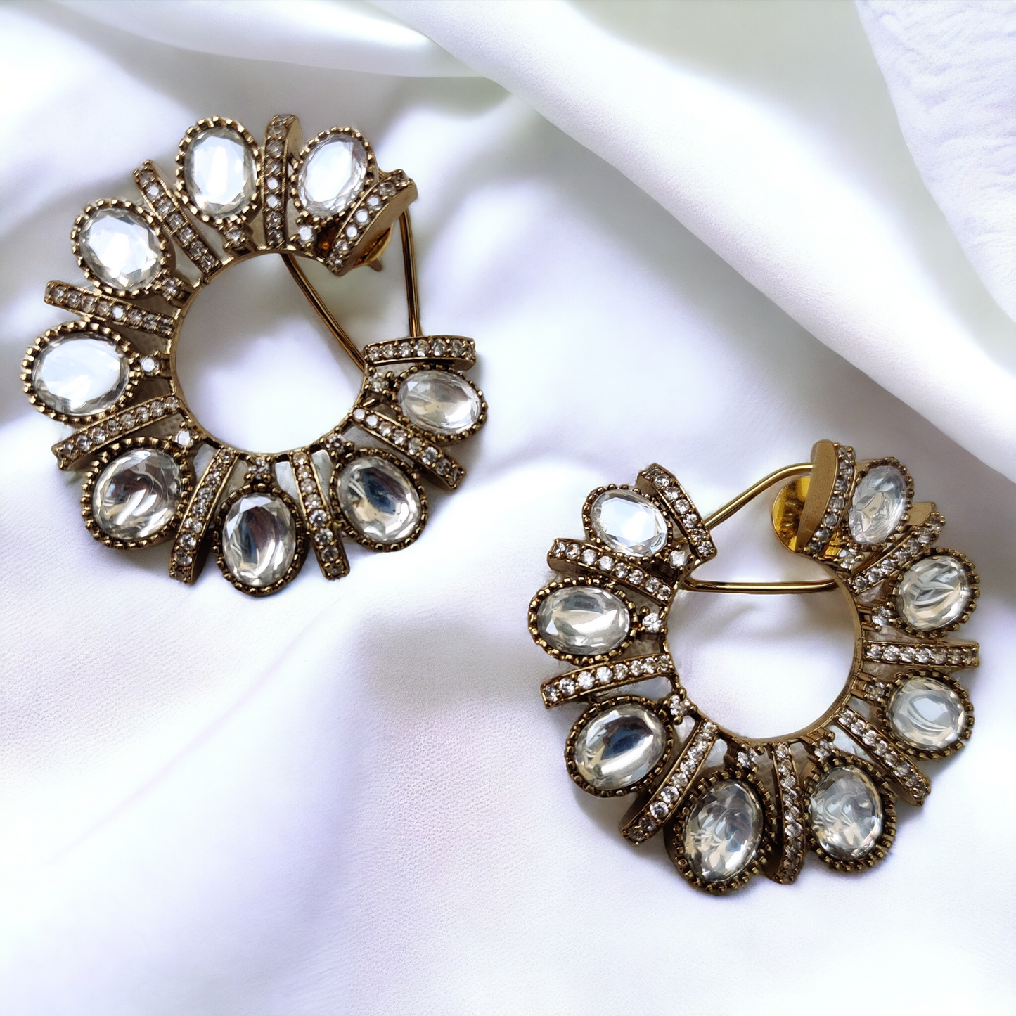 Antique Finish Polki Crescent Stud Earrings