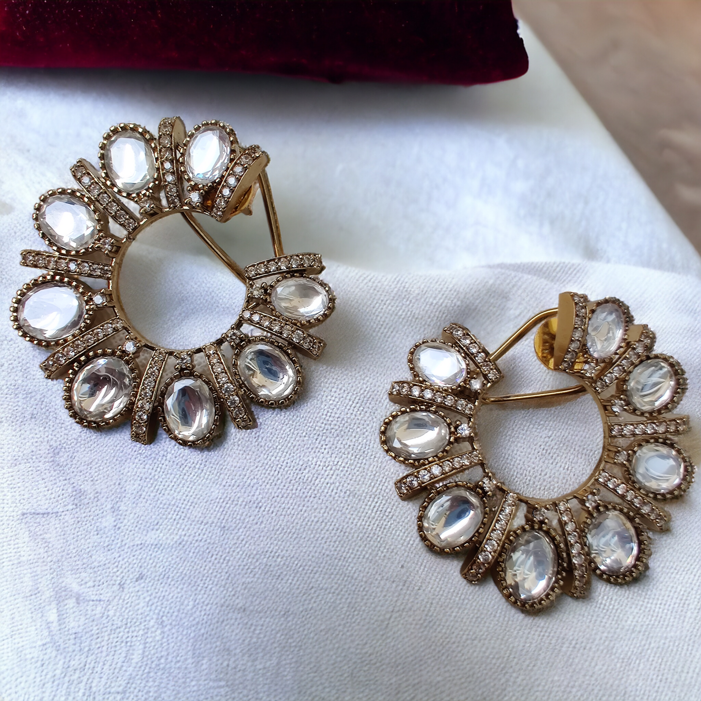 Antique Finish Polki Crescent Stud Earrings