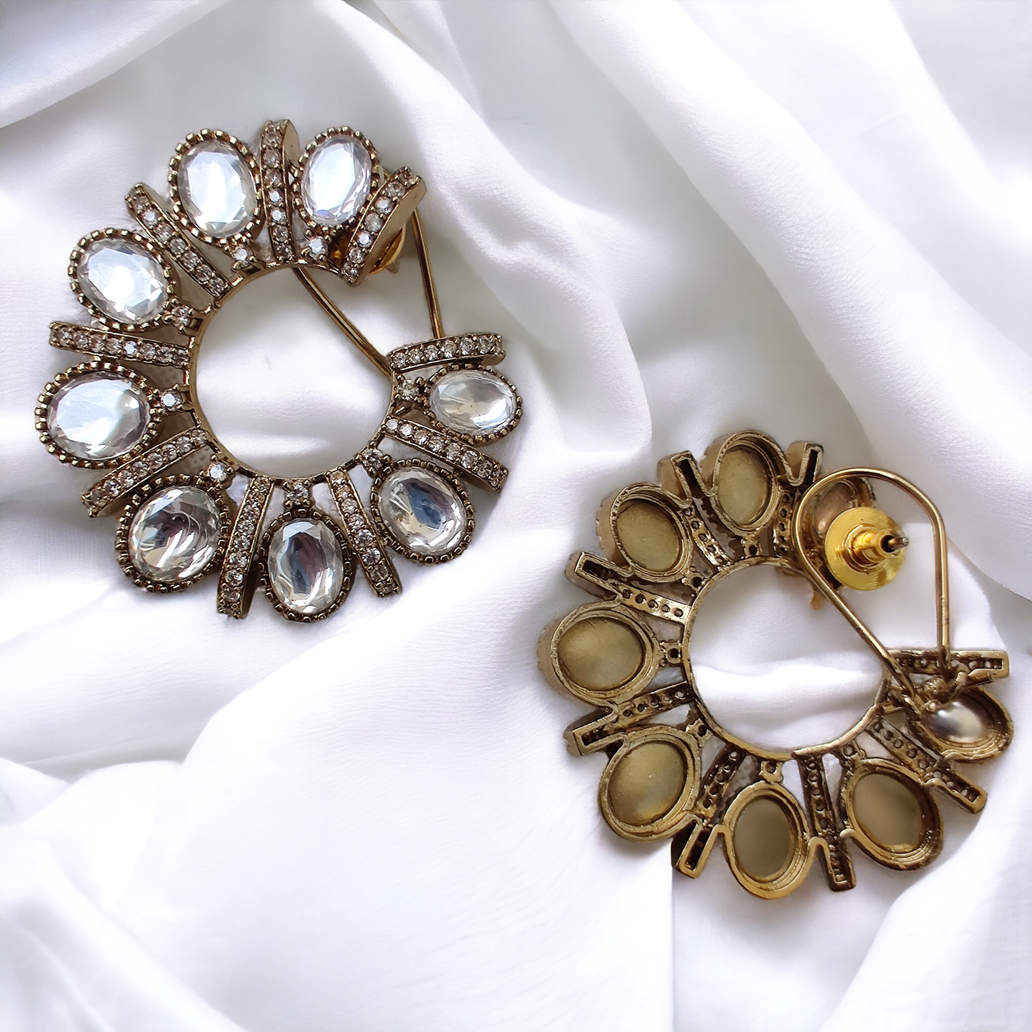 Antique Finish Polki Crescent Stud Earrings