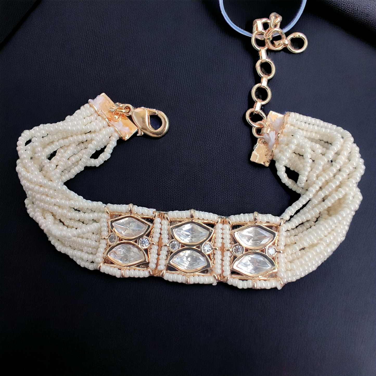 Gold Polished Paunchi Bracelet Fussed WIth pearls and Polki