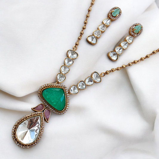 Gorgeous Emerald Pendant Set Fussed with Semiprecious Stones