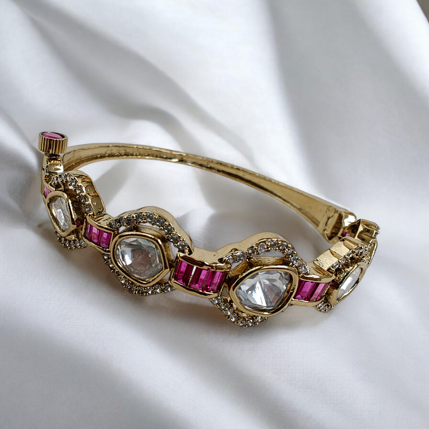 Semiprecious Stones Studded 18K Antique Gold Plated Openable Bracelet