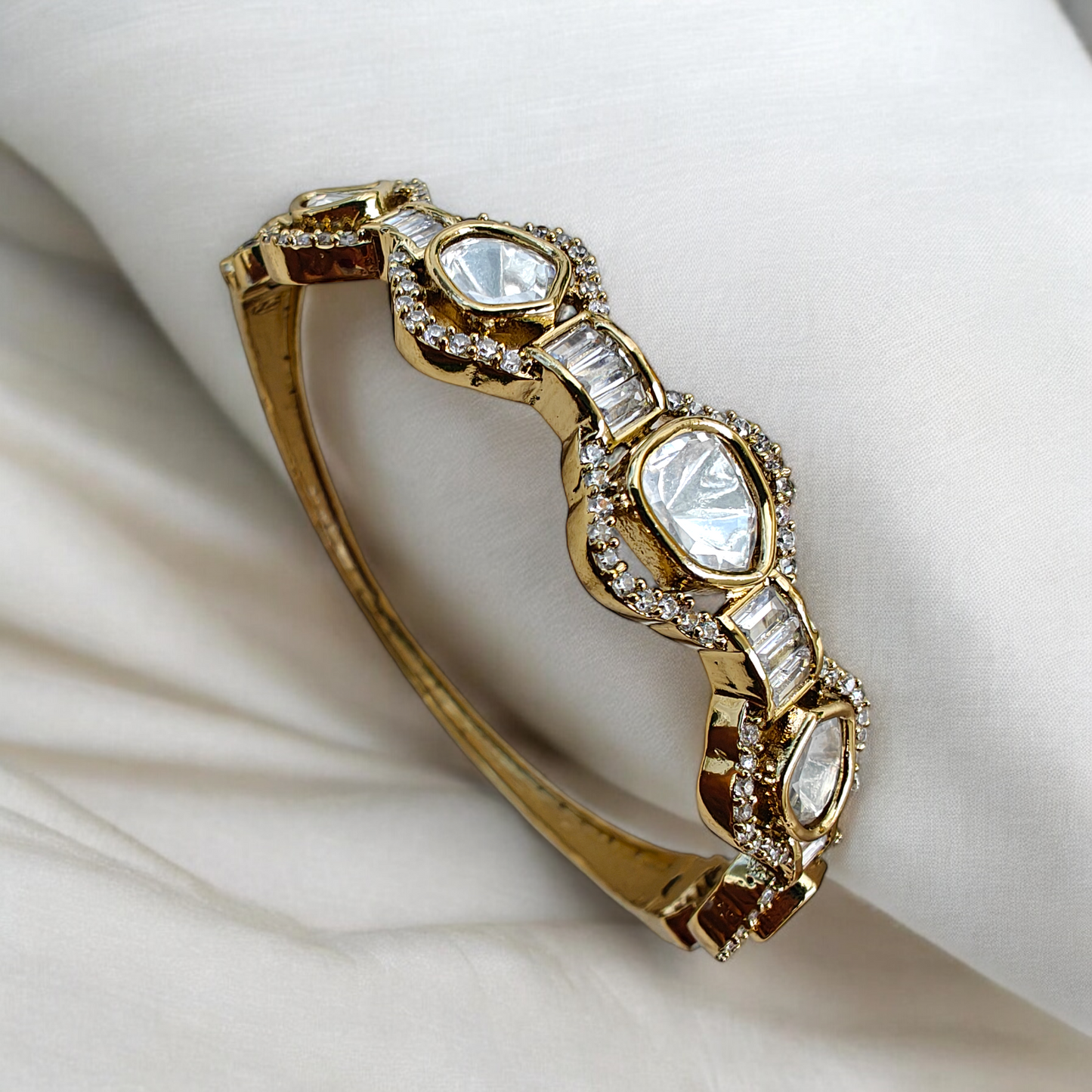 Semiprecious Stones Studded 18K Antique Gold Plated Openable Bracelet