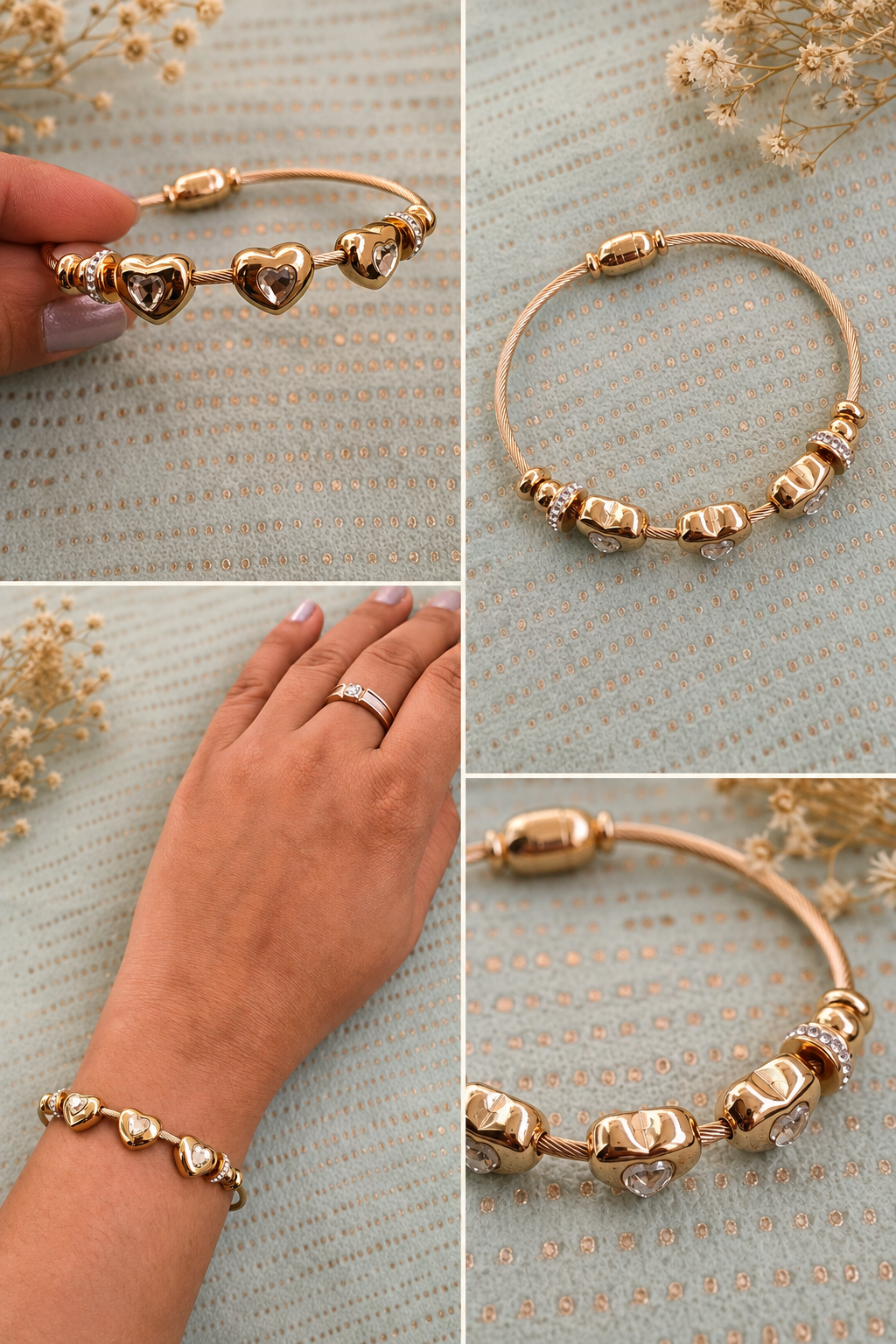 Studded Heart Anti Tarnish Stainless Steel Bracelet With Magnetic Lock