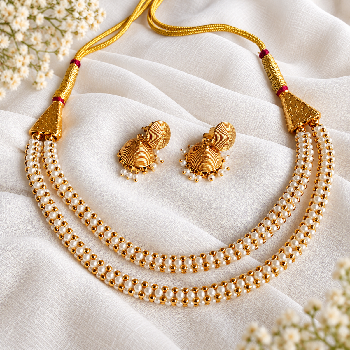Double Layered sleek Pearl Thushi Necklace